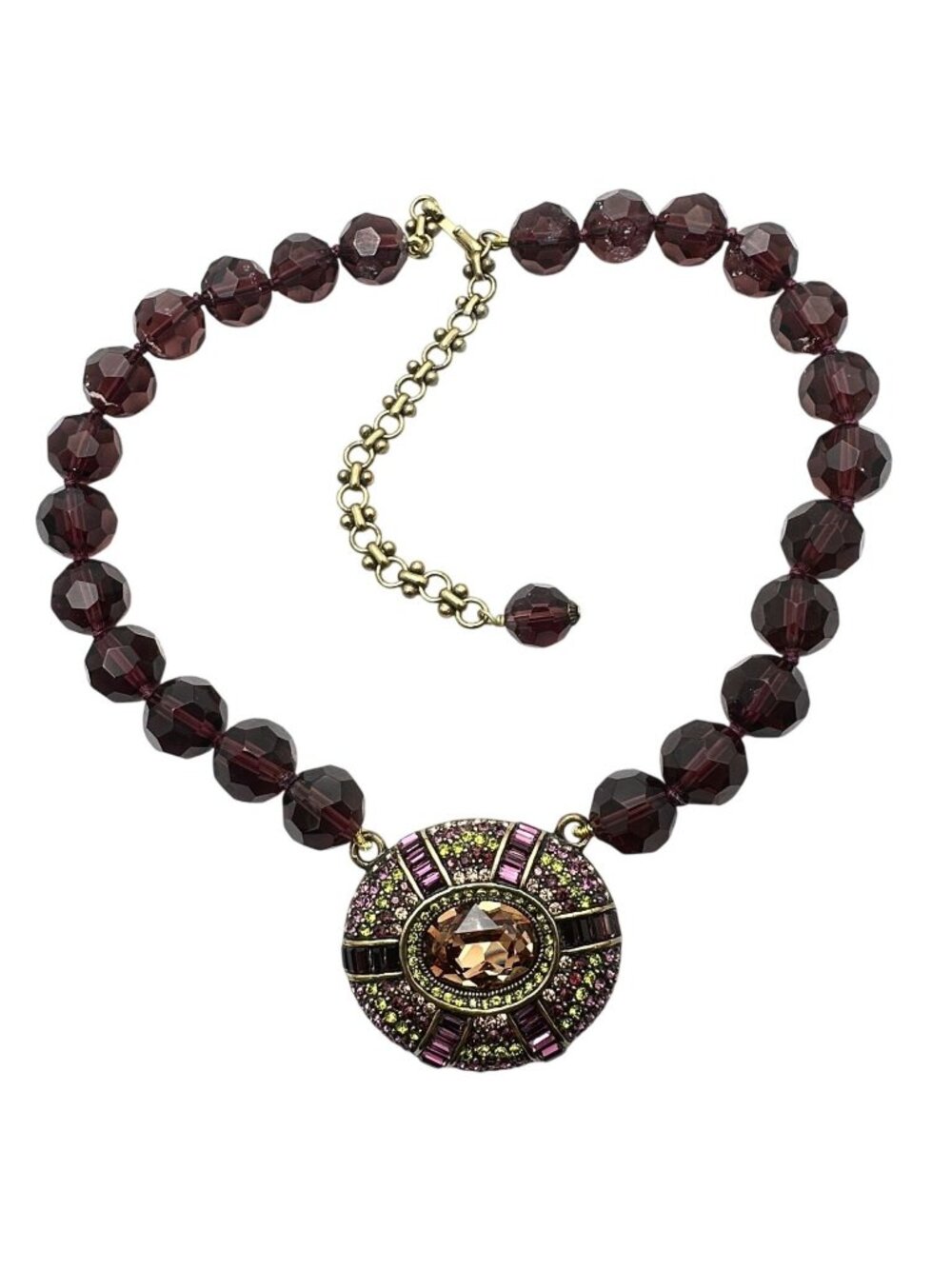 Heidi Daus Necklace Purple Crystal Bead Bronze Tone Pendant